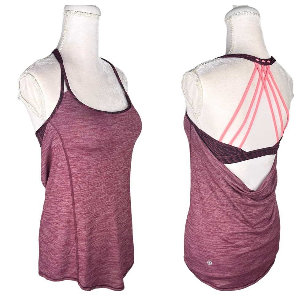 Lululemon maroon orange strappy back open Lighten Up tank top built-in bra 6